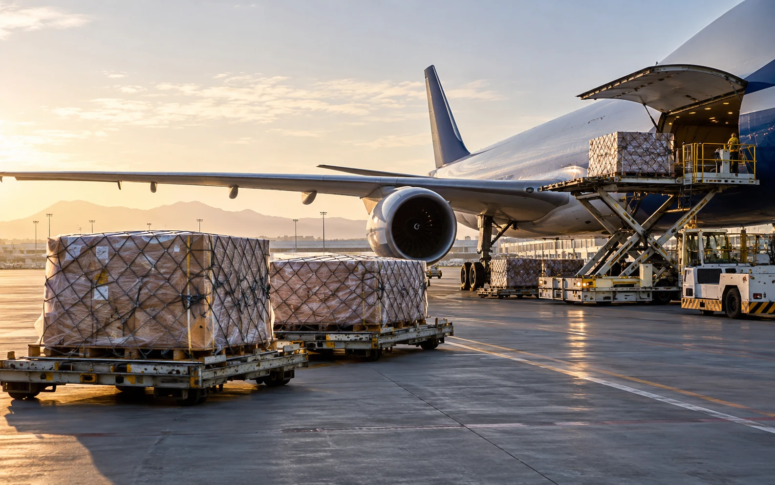 Cargo pallets being prepared beside a freight aircraft