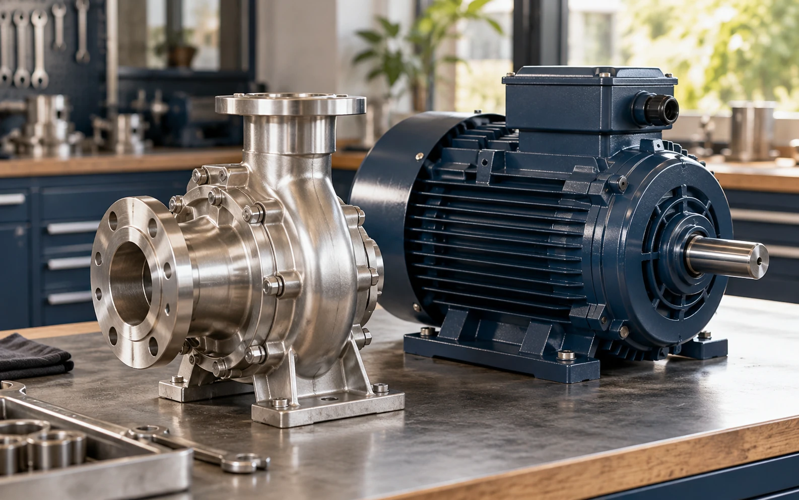 A stainless steel pump and an electric motor on a workshop bench