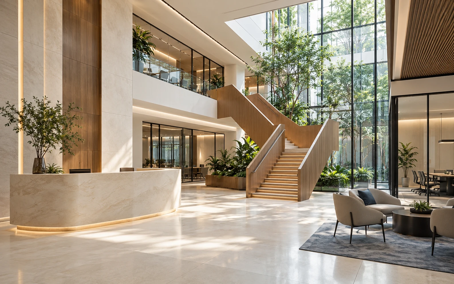 A contemporary commercial office atrium with a timber stair and planted lightwell