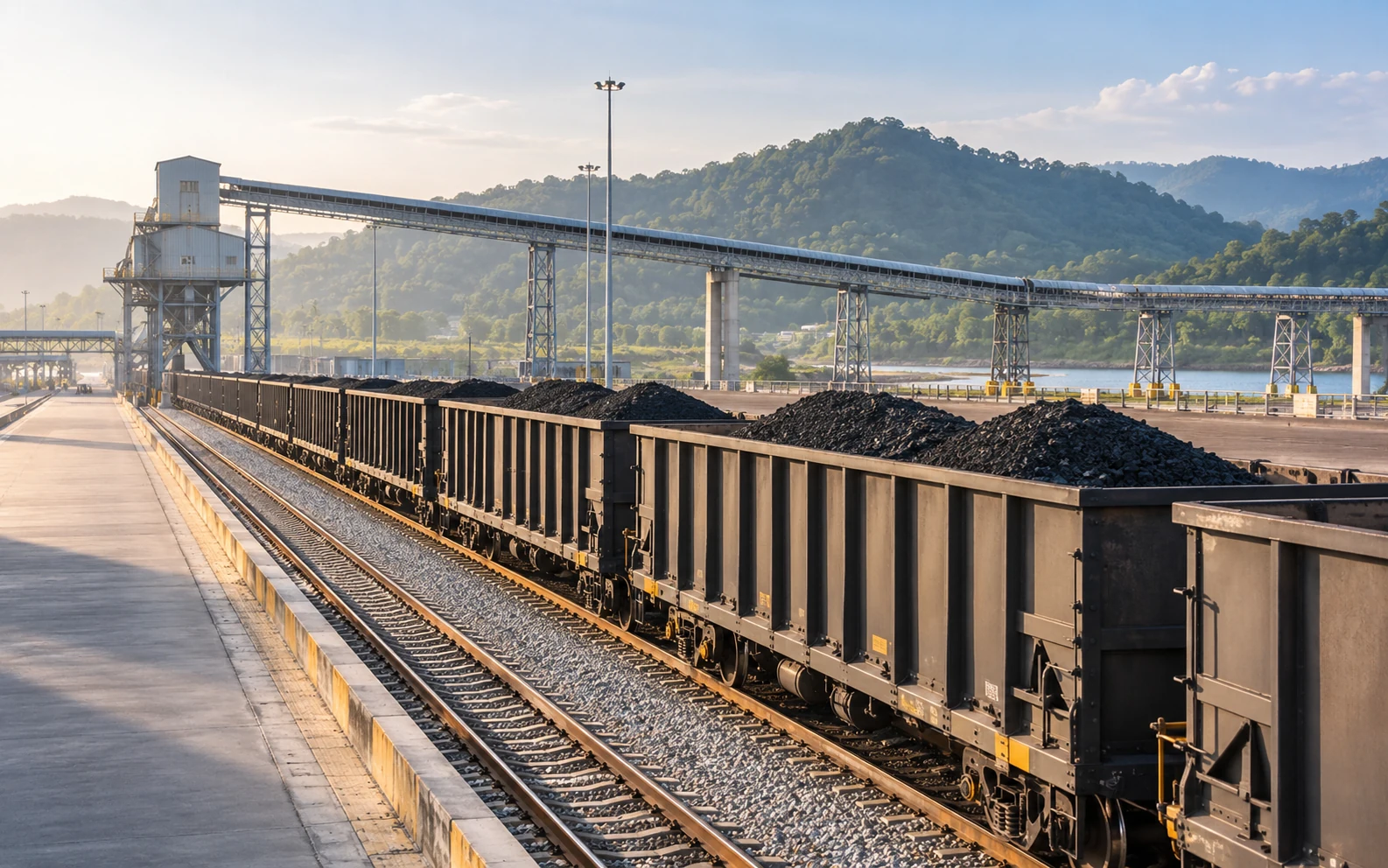 Loaded coal wagons aligned beside a resource transfer terminal