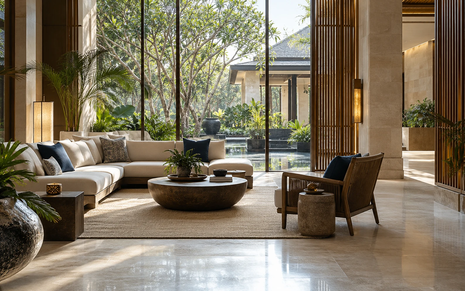 An elegant guest lounge opening onto a planted courtyard