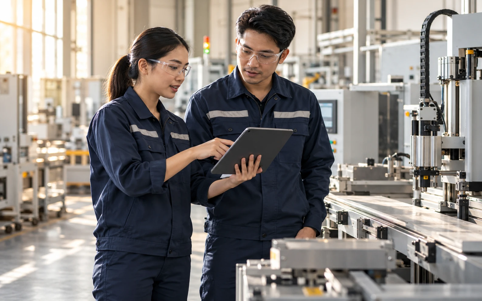 Two technical professionals discussing a tablet in a manufacturing workplace
