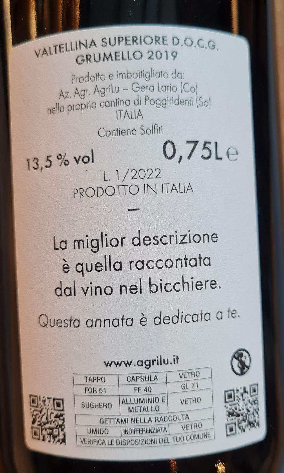 Miniatura: Grumello Valtellina Superiore D.O.C.G. Agrilu 1881