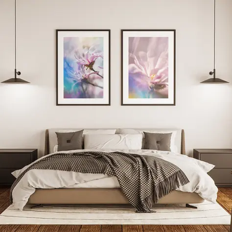 Schlafzimmer mit Doppelbett und Lampen und zwei gerahmten Fotografien von Magnolien von Eva Sossnitza.