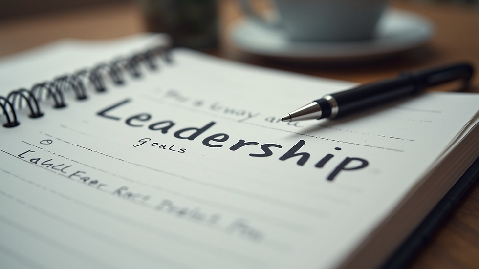 Close-up view of a notebook and pen with leadership goals written down