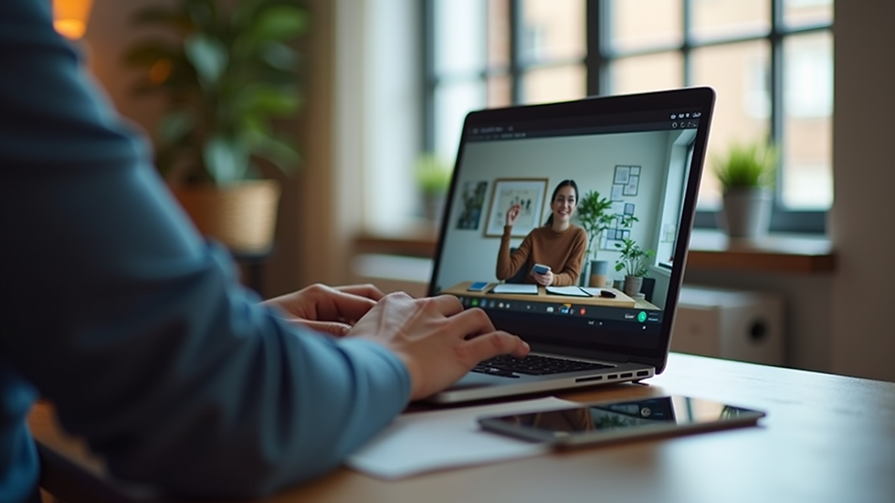 Eye-level view of a laptop on a desk with a virtual coaching session on screen