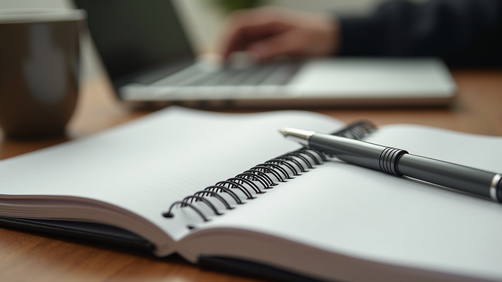 Eye-level view of a notebook and pen on a wooden desk