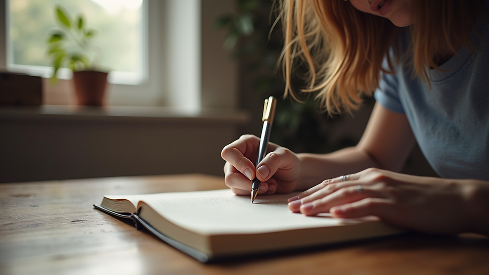 Eye-level view of a person thoughtfully writing in a journal at a wooden desk