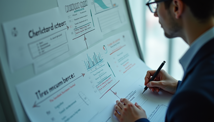 Eye-level view of a person writing notes on a decision-making chart
