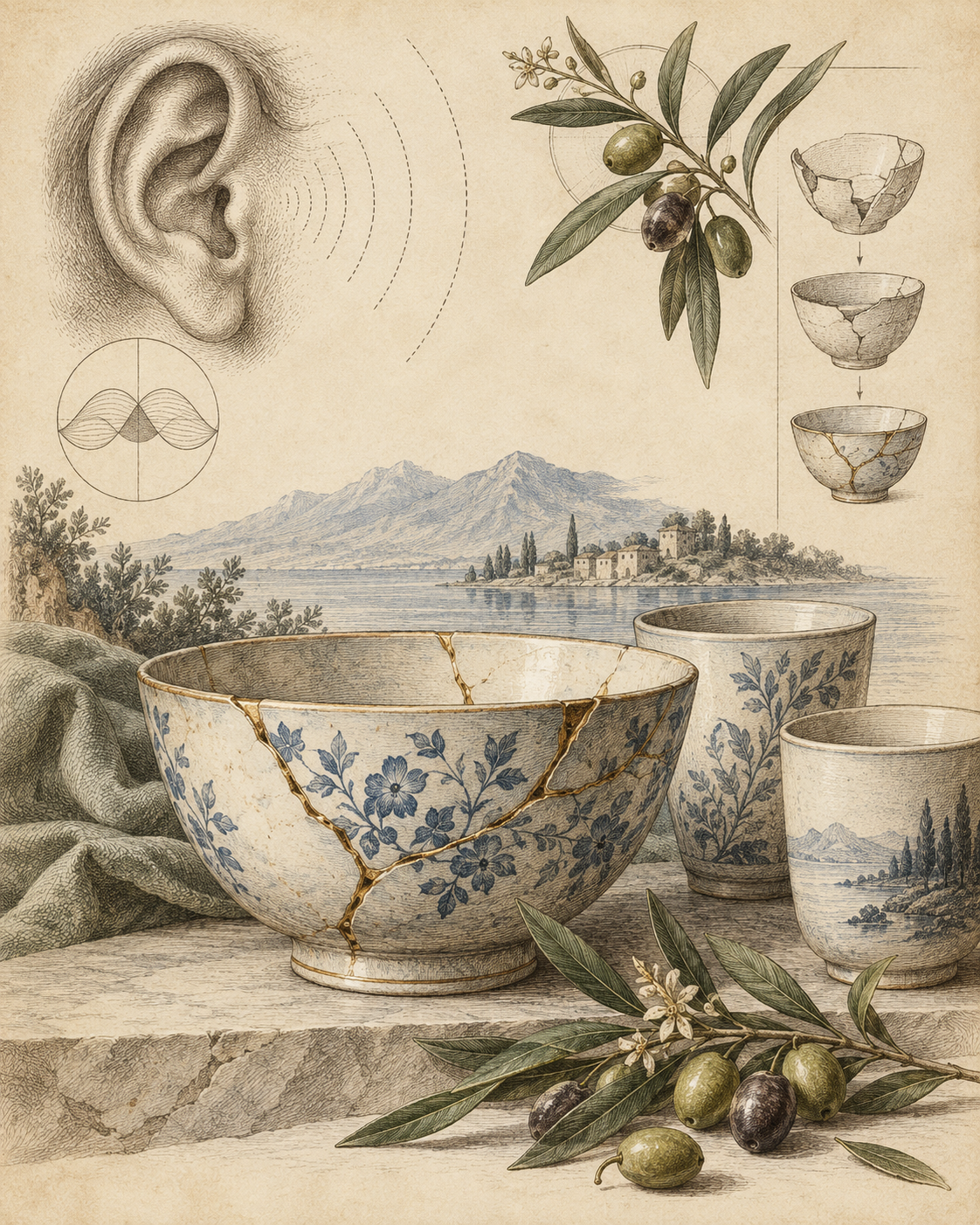 Vintage illustration of repaired pottery, cups, an olive branch, and an ear study.