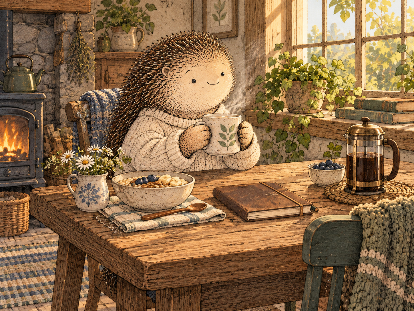 Day 111: A Slightly More Deliberate First Hour Can Reduce the Feeling That the Day Started Without You. Woodland hedgehog illustration.