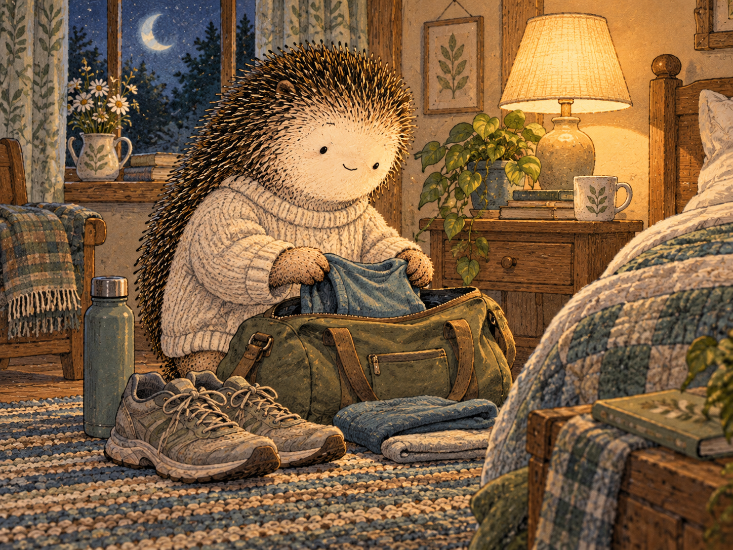 Day 91: A Morning You Value Gives Tonight a Different Context. Woodland hedgehog illustration.
