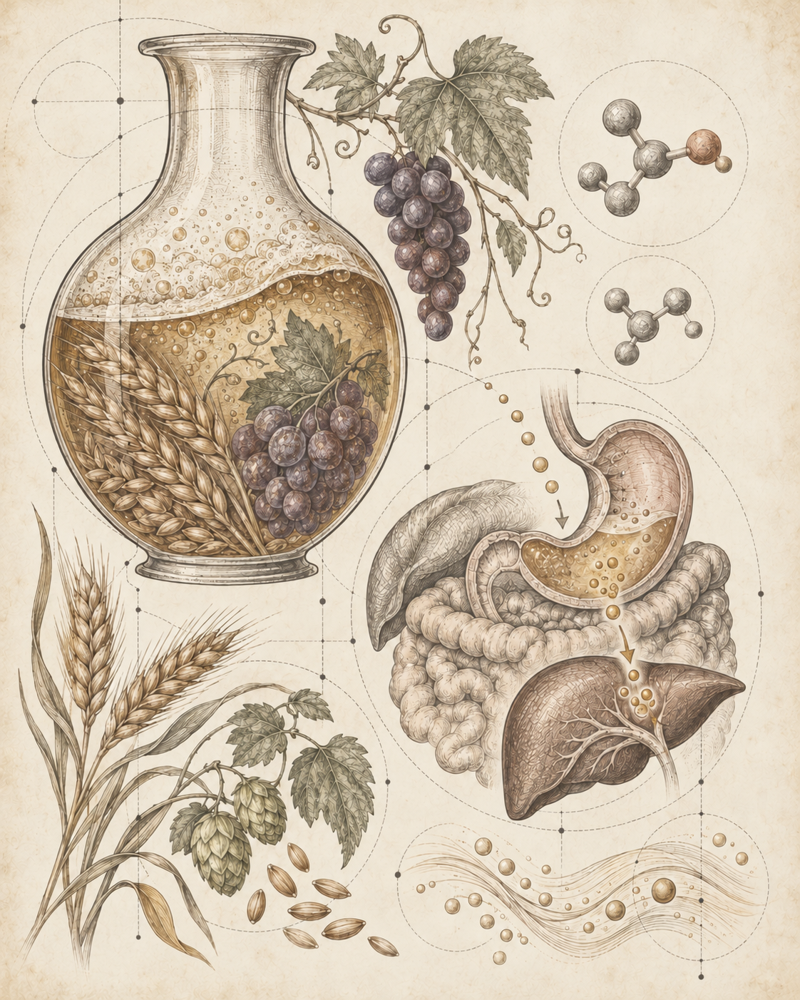Antique illustration of fermentation, grain, grapes and digestive anatomy.