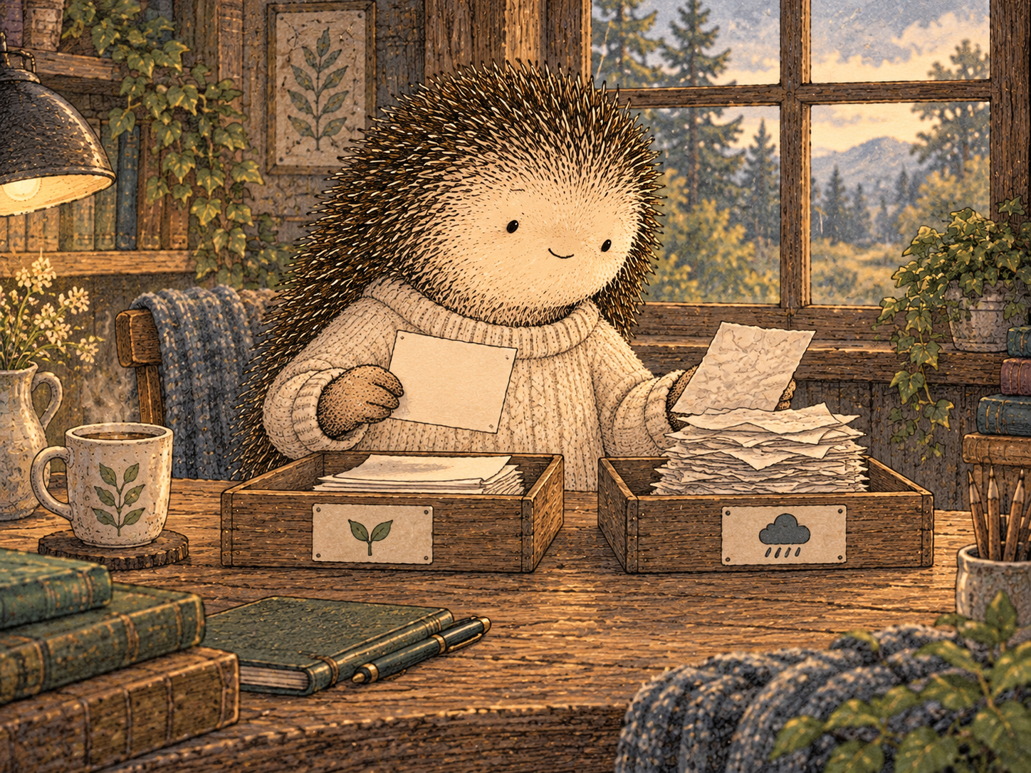 Day 126: Separating Facts From Forecasts Can Shrink the Problem Back to Its Actual Size. Woodland hedgehog illustration.