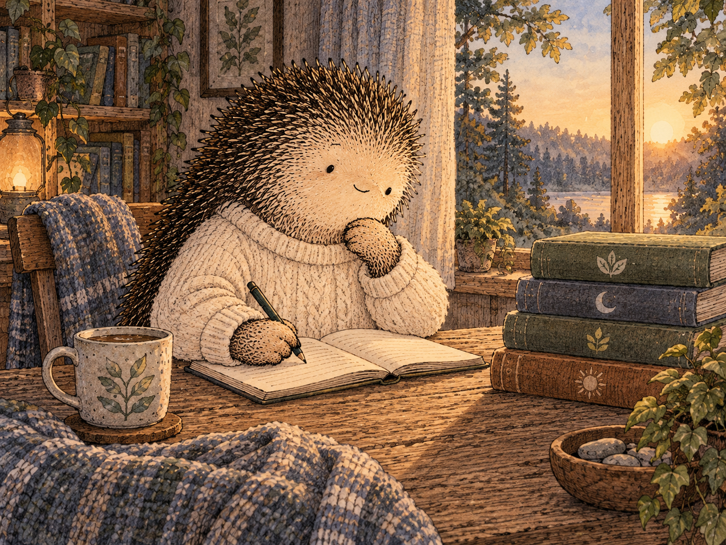 Day 70: You Can Stop Asking Alcohol to Treat Something That Deserves Its Own Plan. Woodland hedgehog illustration.