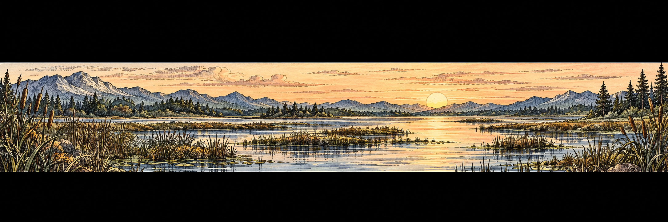 Quiet marsh with reeds and low peach sky