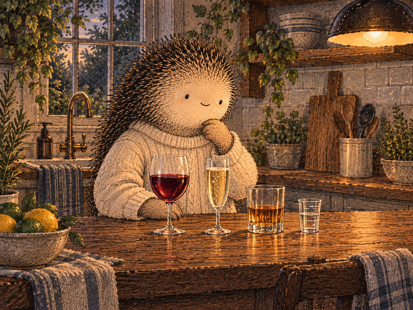 Day 2: See the Drink Without the Costume. Illustrated hedgehog with the same face as this day's main image.