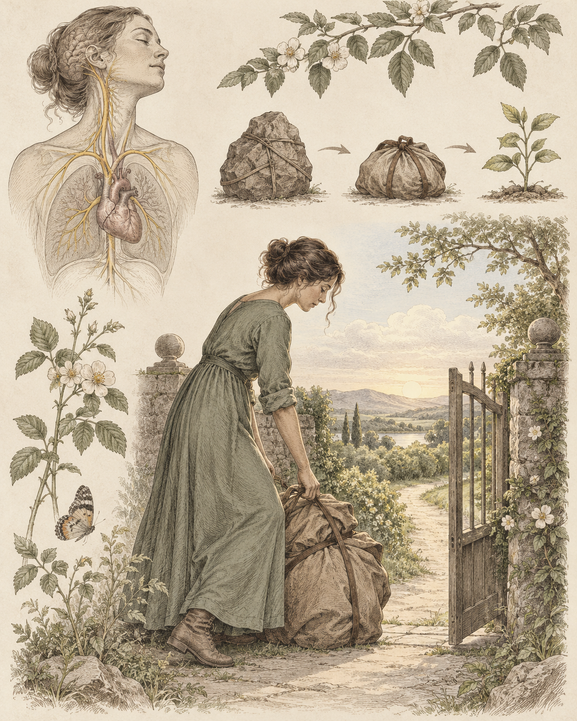Vintage illustration of a woman setting down a burden beside an open garden gate.