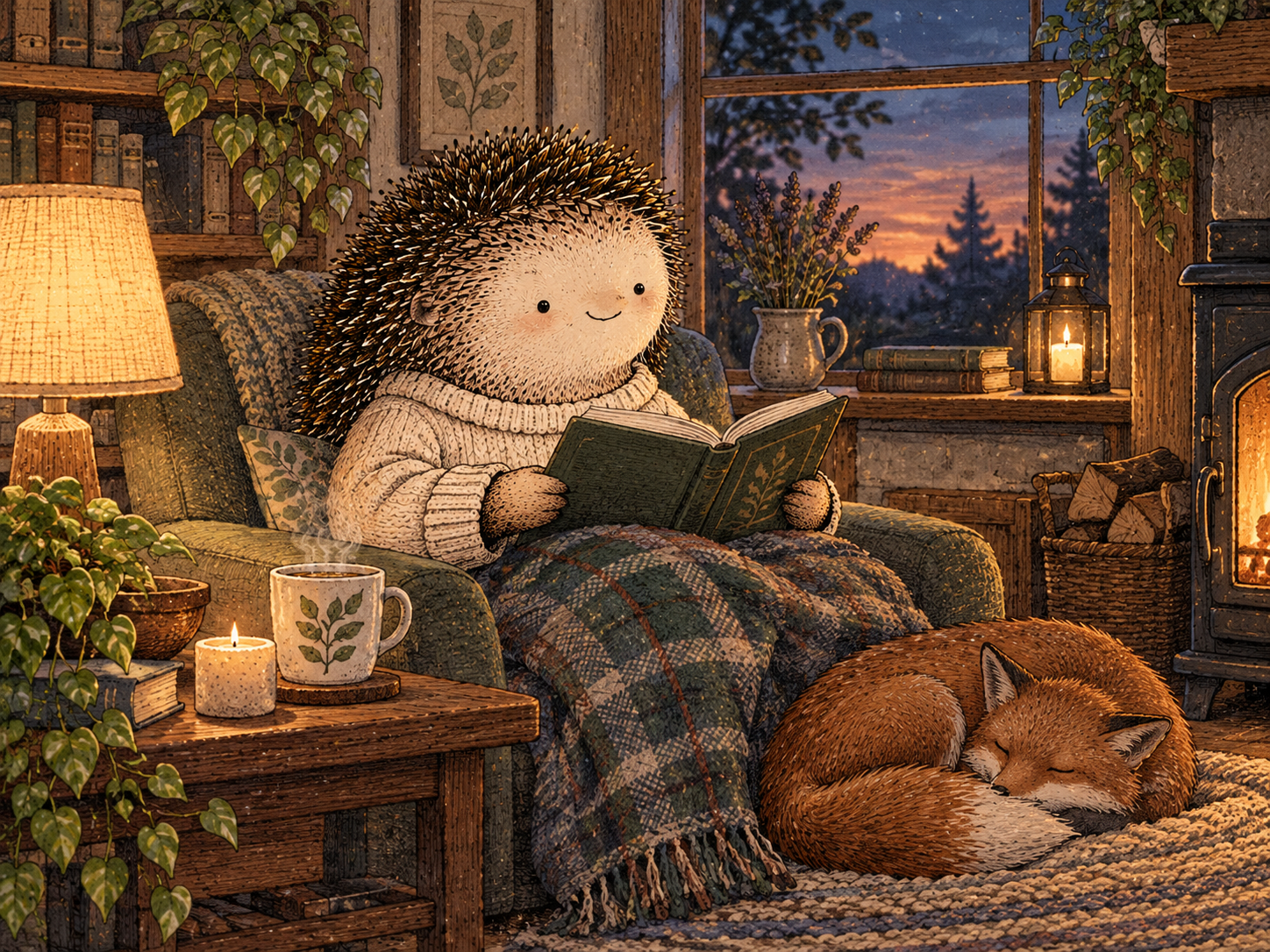 Day 104: Reducing Late-Day Stimulation Can Make the Transition Into Evening Less Abrupt. Woodland hedgehog illustration.