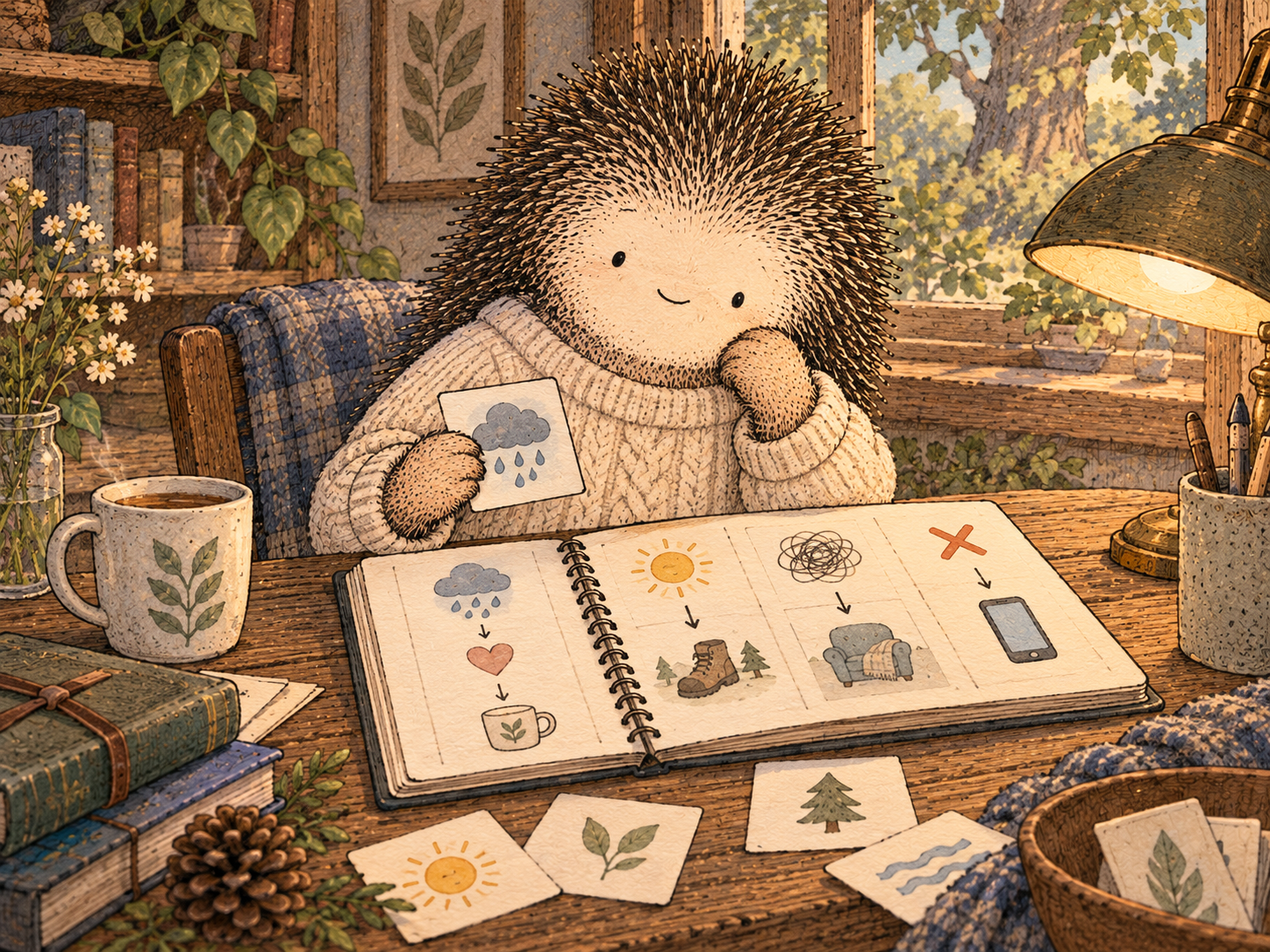 Day 150: You Now Have the Beginning of Your Own Emotional Operating Manual. Woodland hedgehog illustration.