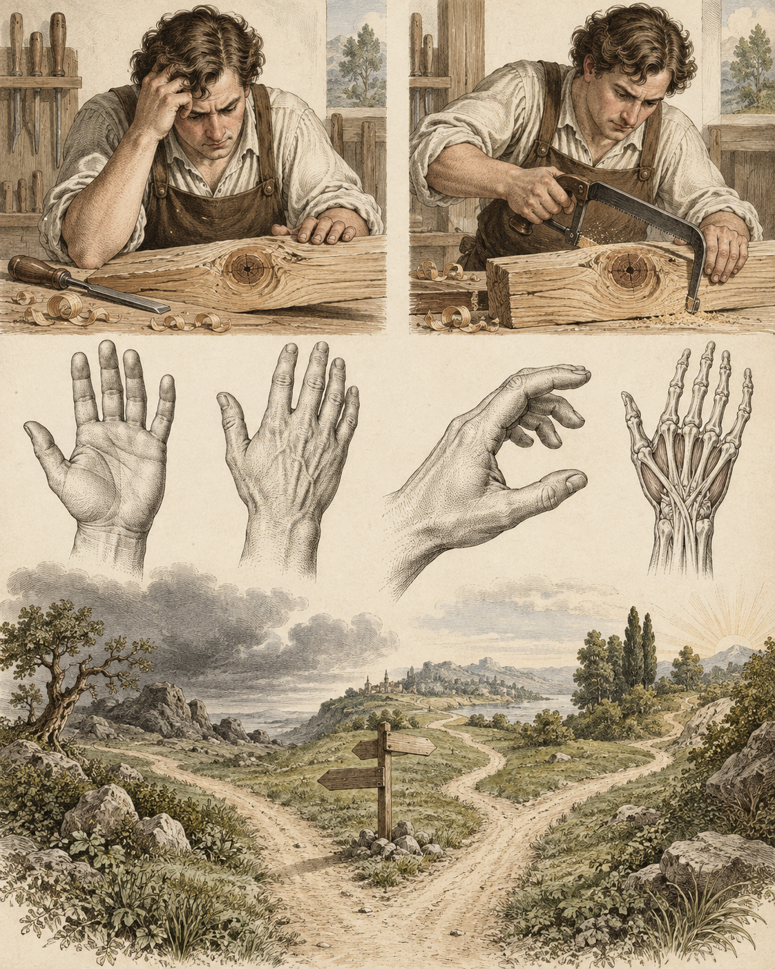 A craftsperson trying a different tool beside hand studies and branching paths.