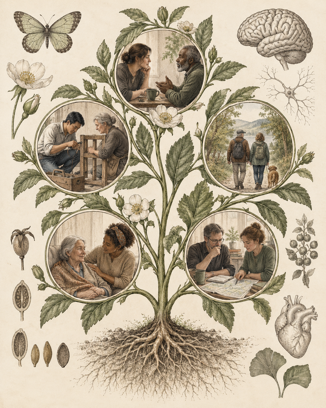 Vintage branching support network illustrating different people helping with different needs.