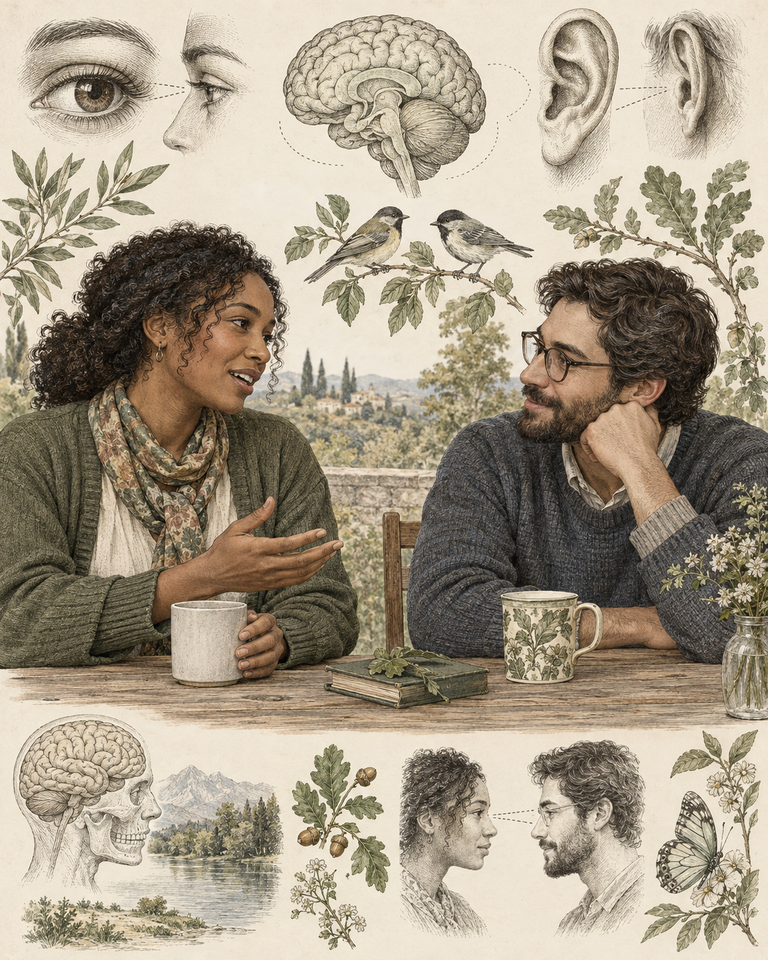 Vintage illustration of a supportive conversation, with eye, ear, and brain studies.