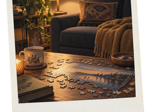 An unfinished jigsaw puzzle, tea and empty sofa in warm evening light.