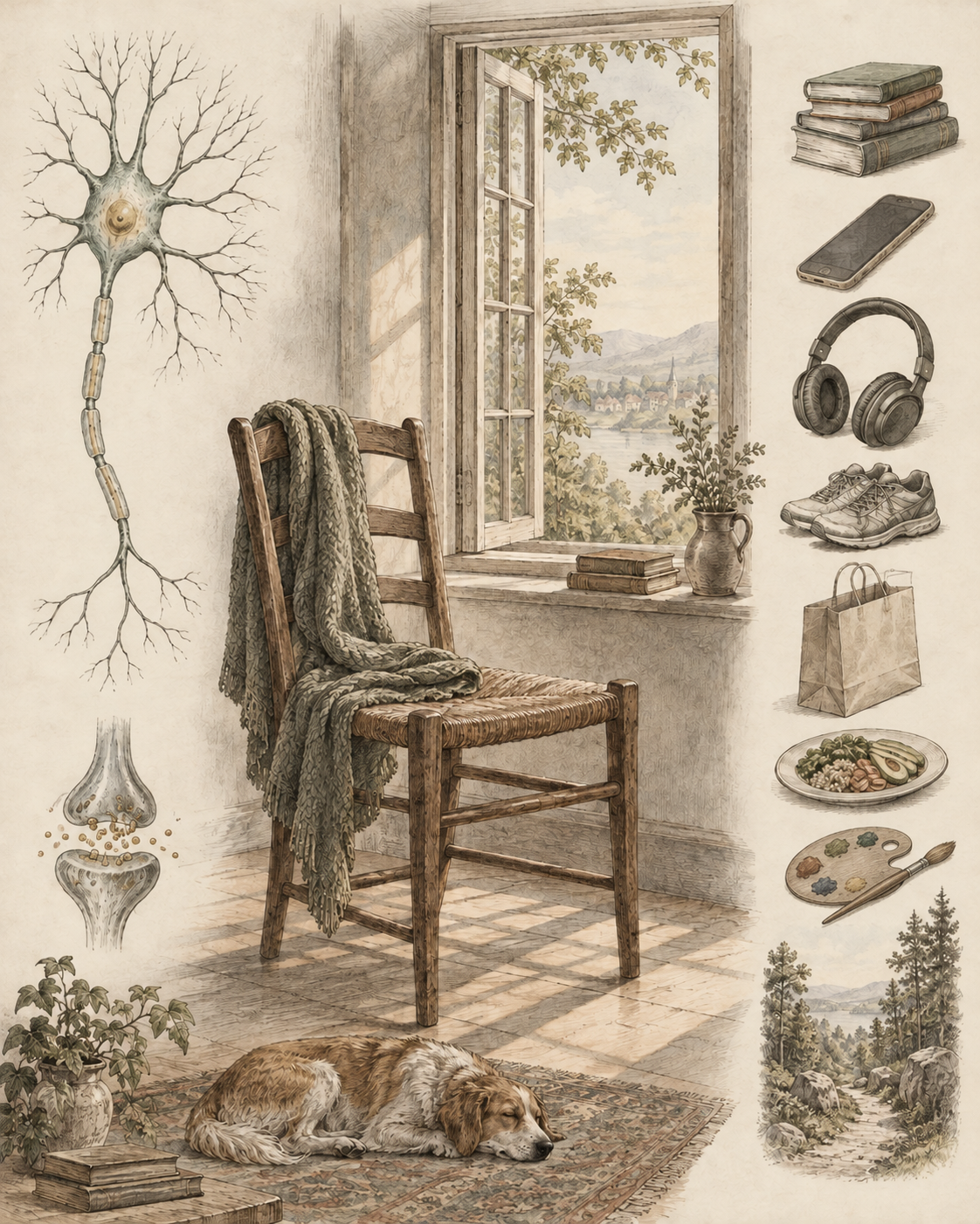 Antique illustration of a quiet chair, sensory neuron and possible activities.