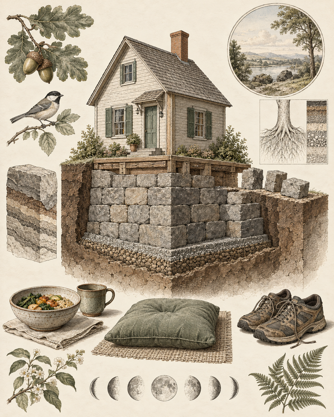 Vintage house foundation illustrating a minimum standard that holds through an imperfect day.