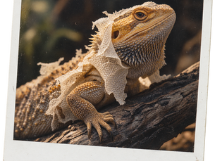 A bearded dragon lizard shedding a delicate layer of skin on a branch, realistic non-graphic intimate nature photograph.