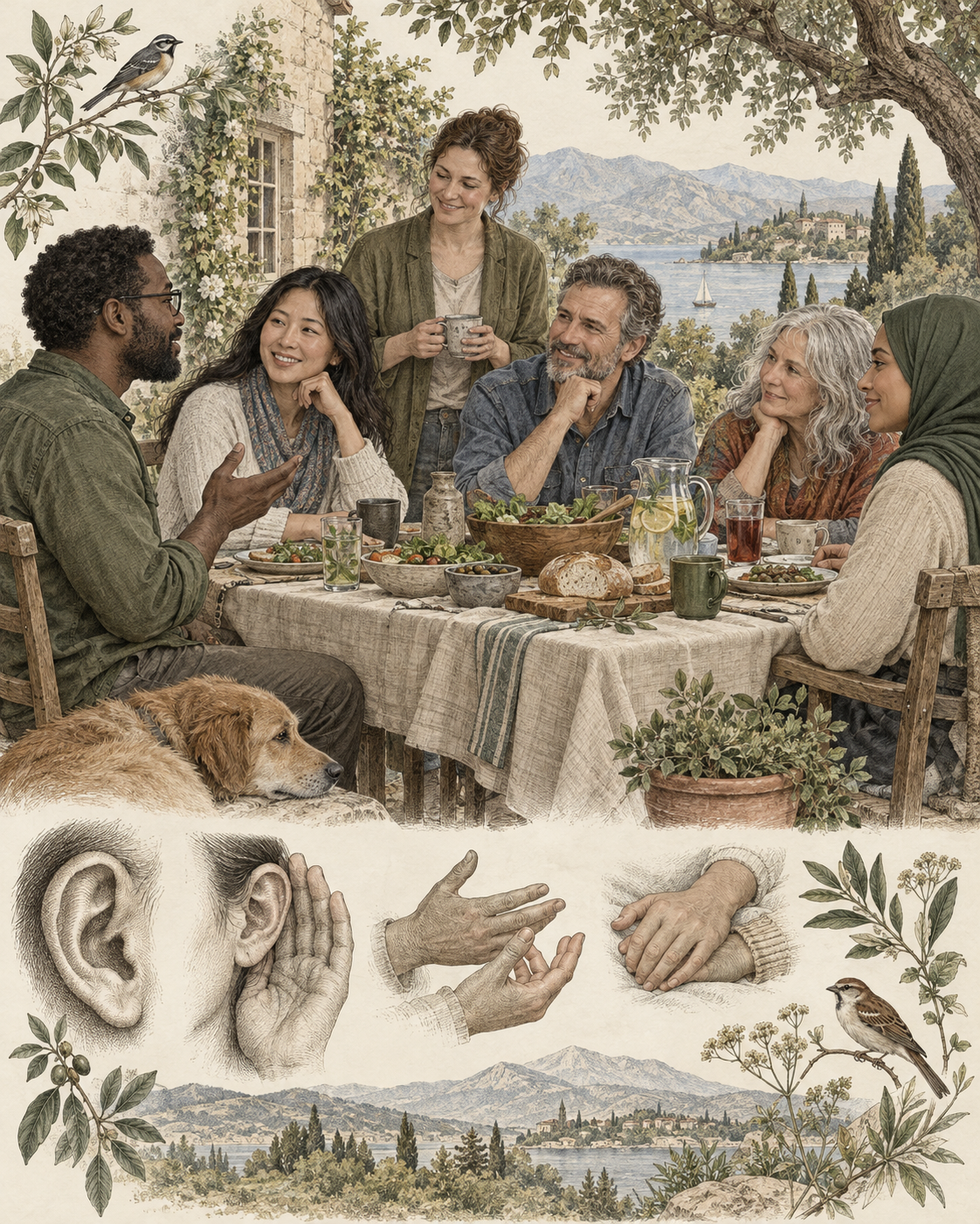 Adults sharing an ordinary meal with listening and hand studies.