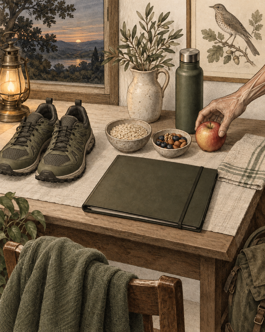 Prepared shoes, breakfast ingredients and notebook with a hand placing an apple.