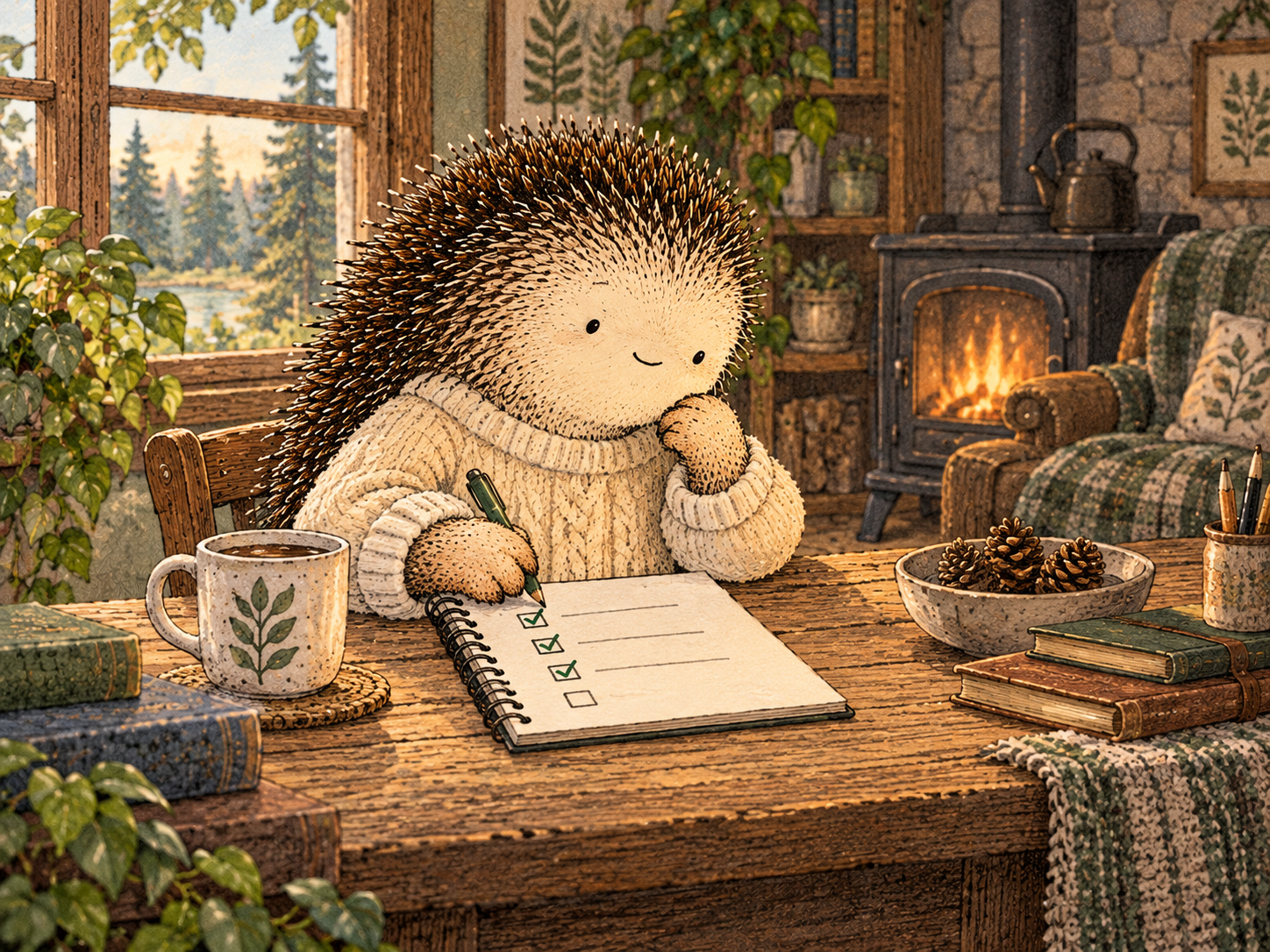 Day 319: A Short Non-Negotiable List Makes It Easier to Protect the Behaviors With the Largest Downstream Effect. Woodland hedgehog illustration.