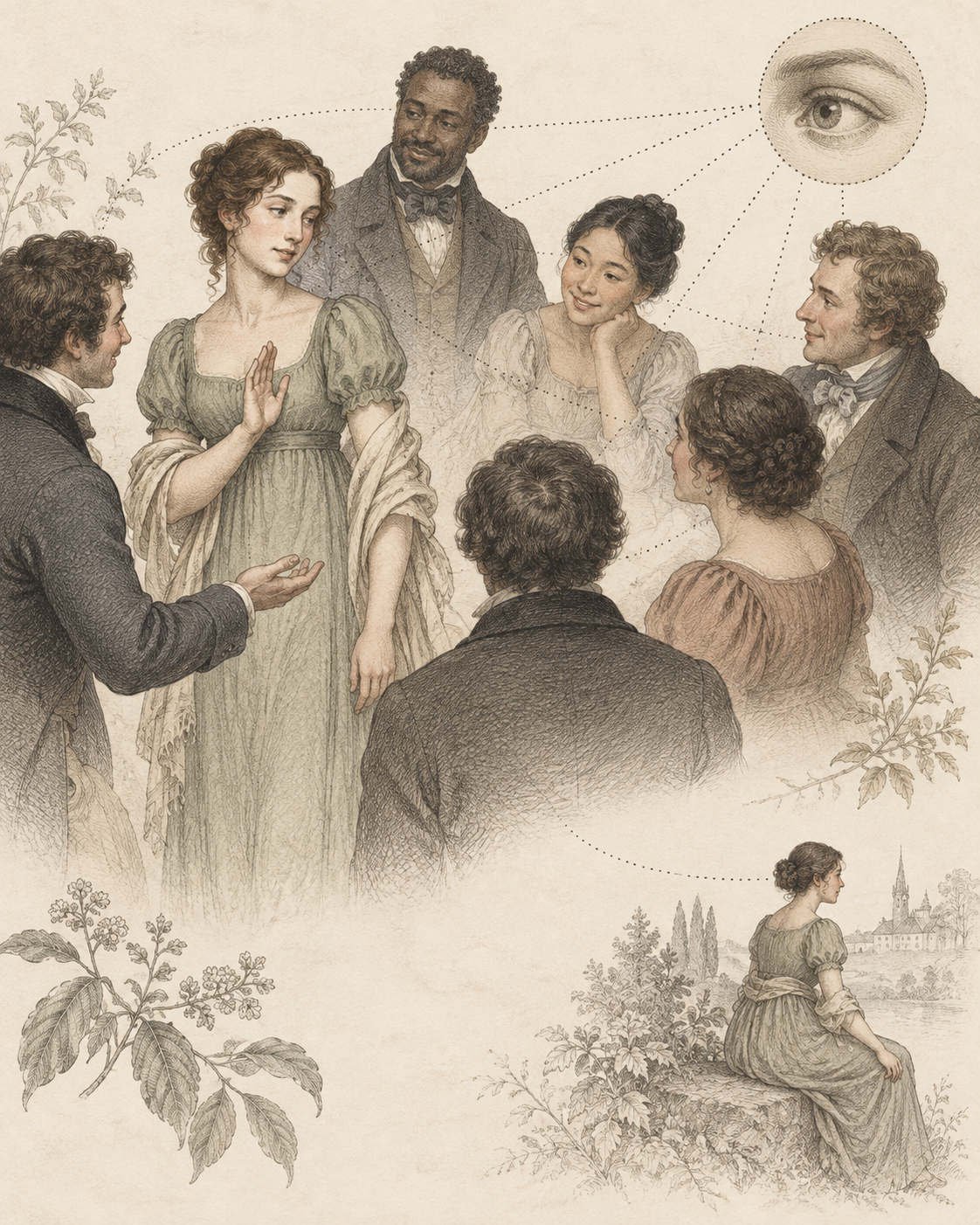 Antique illustration of belonging, conversation and social attention.