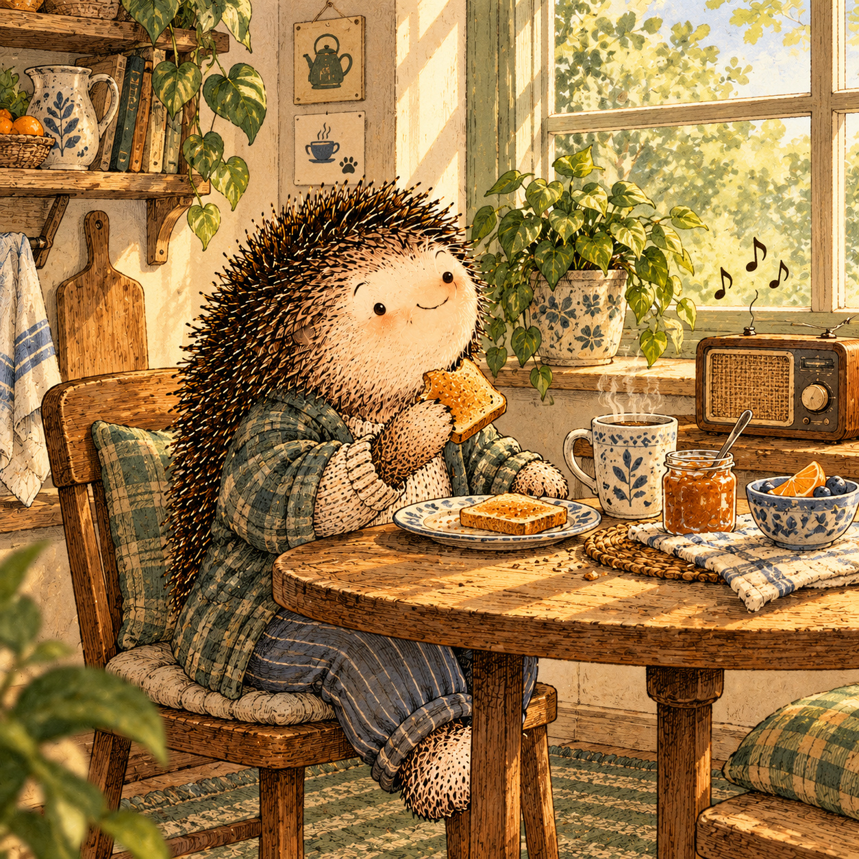 A gentle cream-faced, spiky-furred woodland companion exploring Day 110: Create a Morning You Actually Like