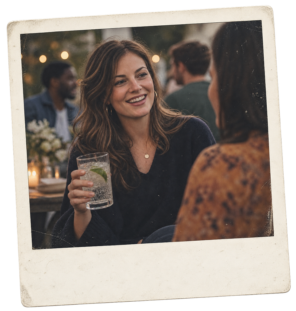 A white woman confidently chatting to a friend at a gathering, holding sparkling water with lime, no alcohol.
