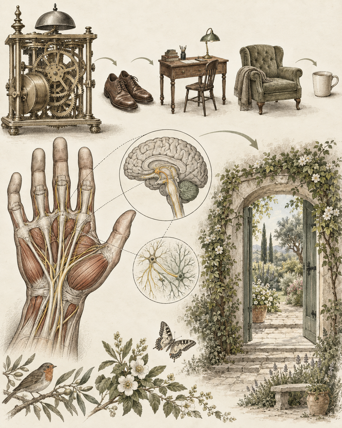 Vintage sequence and hand-brain studies illustrating a learned shutdown transition.