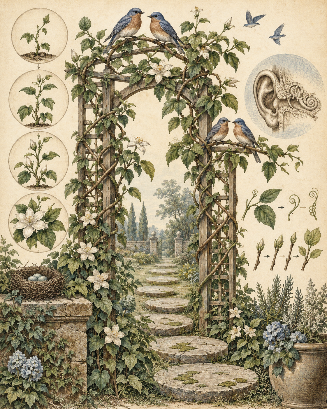 Vintage illustration of recurring birds and growing vines on a garden trellis, with an ear study.