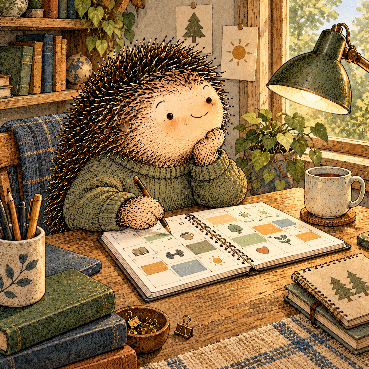 A gentle cream-faced, spiky-furred woodland companion exploring Day 294: Your Calendar Is an Environment Too