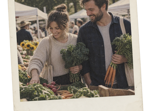 A white adult couple at a Saturday farmers market, ordinary weekend routine, no alcohol.