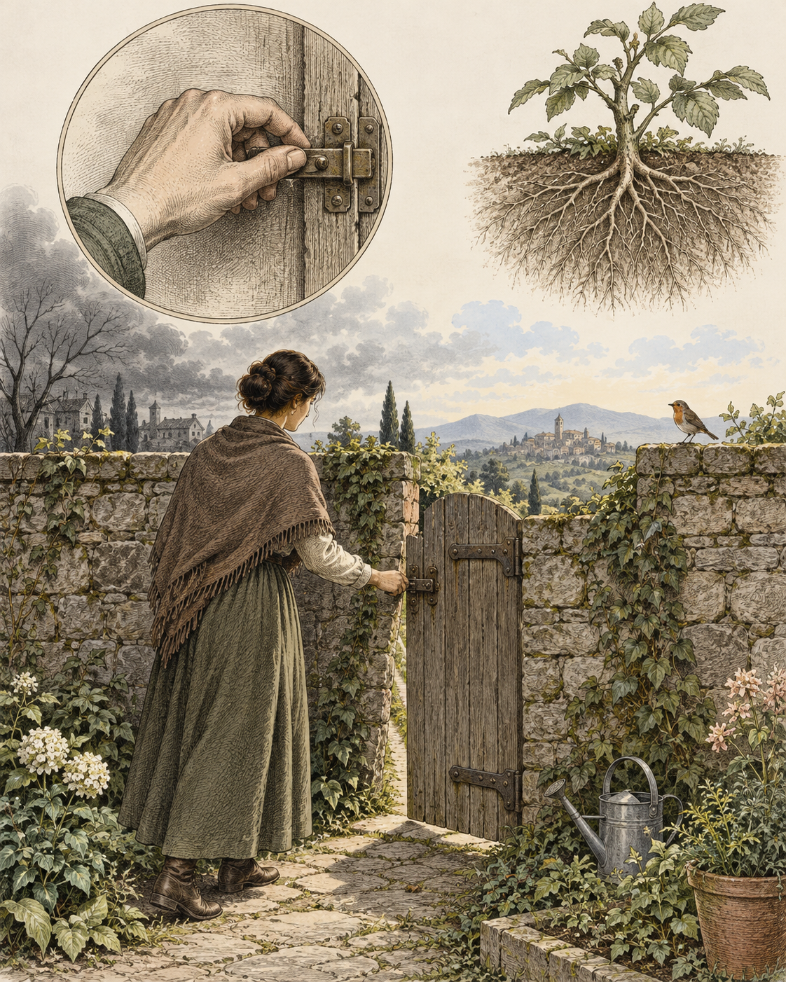 A hand opening a small garden gate within a sturdy boundary wall.