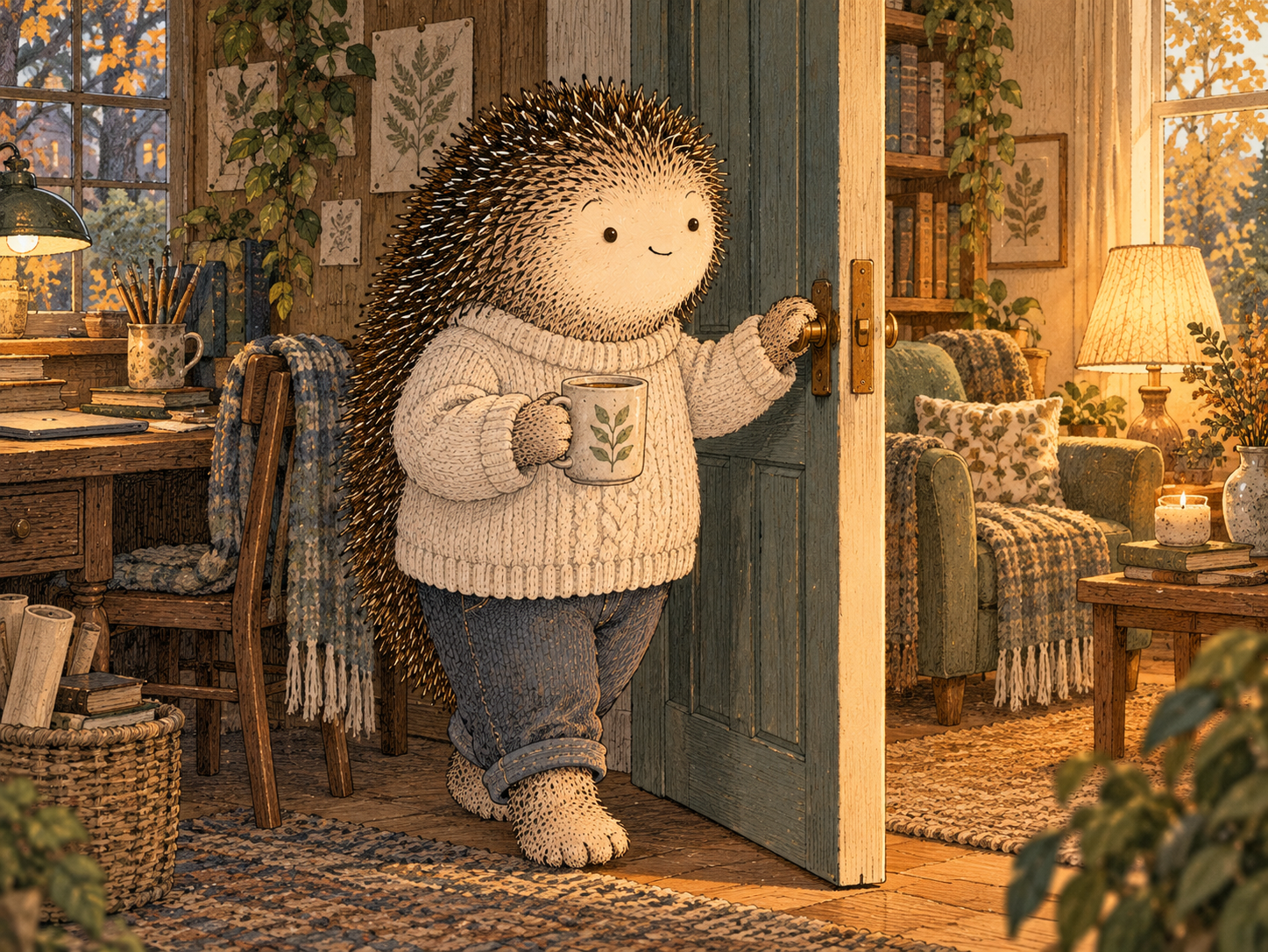 Day 289: A Clear Transition Can Reduce How Much Stress, Work or Autopilot Leaks Into the Next Part of the Day. Woodland hedgehog illustration.
