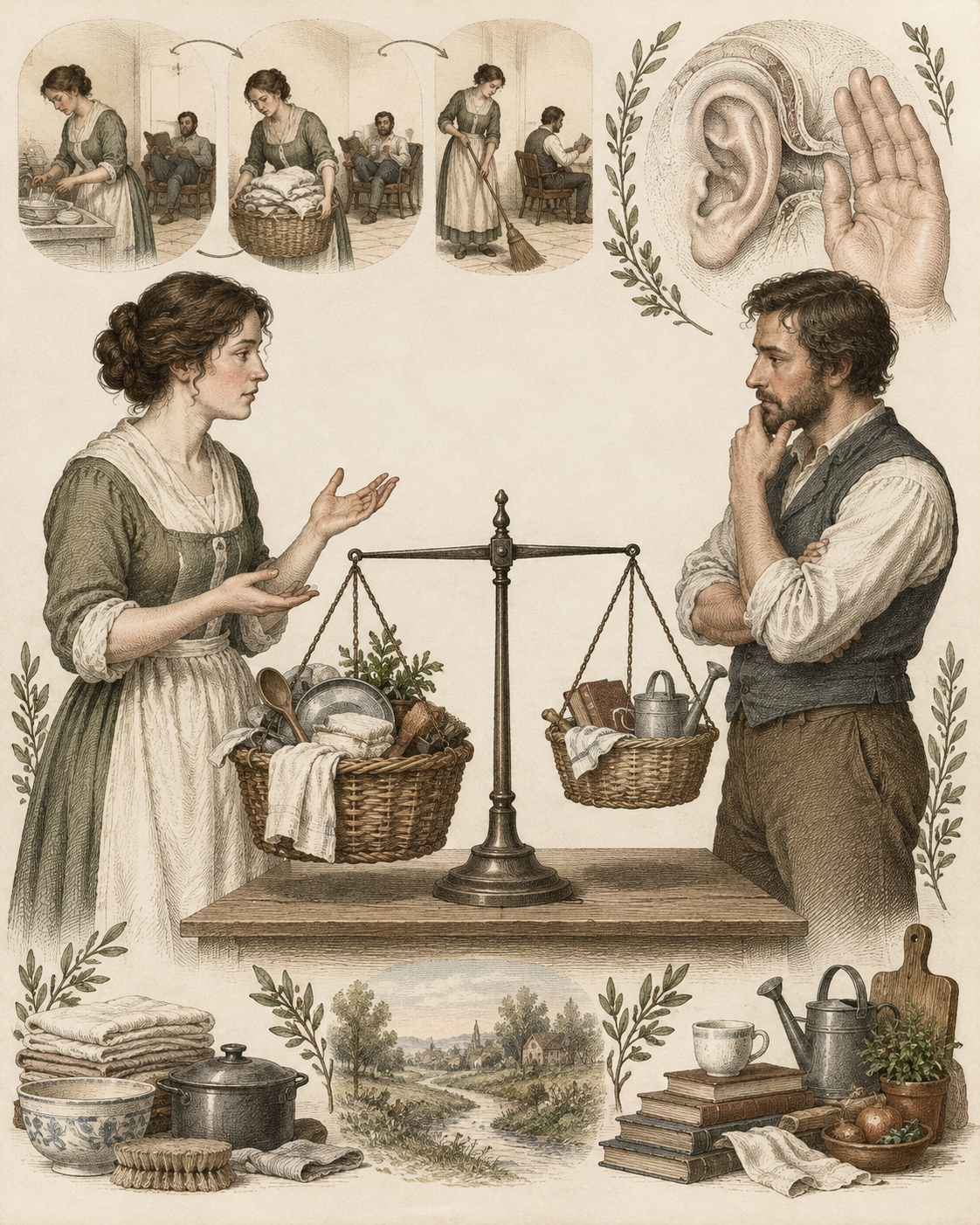 Uneven shared-task baskets and a conversation beside listening and hand studies.