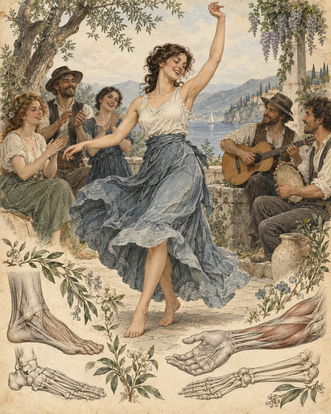 Vintage illustration of dance, music, and connection with foot and forearm studies.