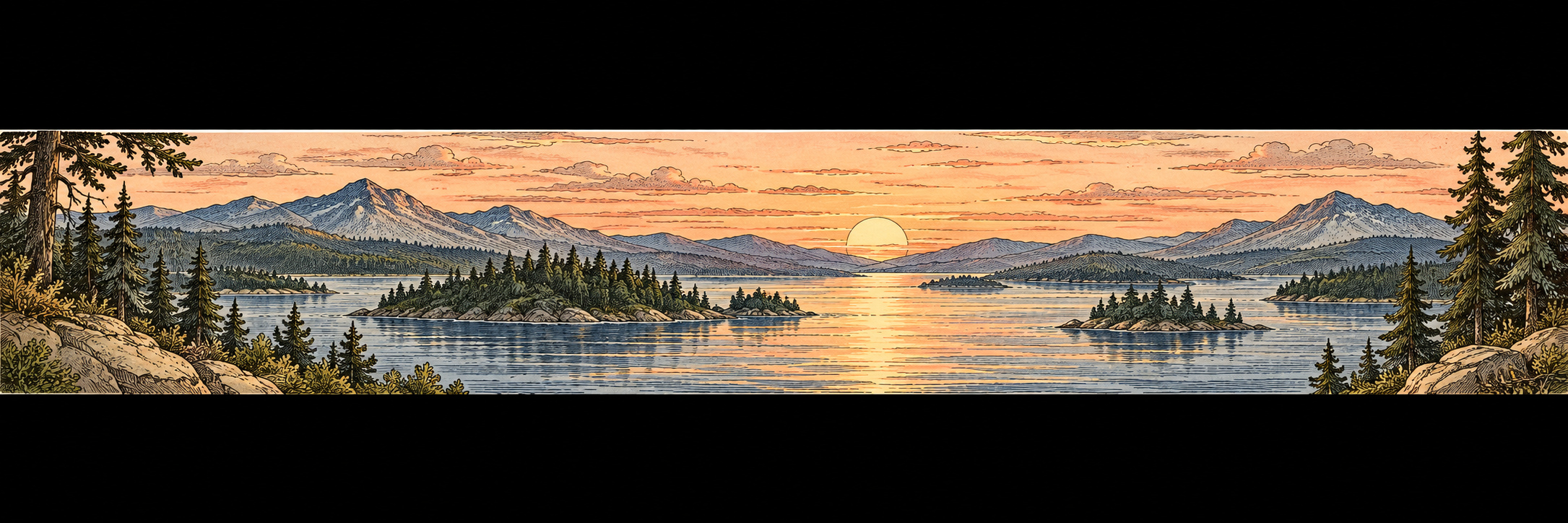 Wide lake with islands beneath a soft coral dusk