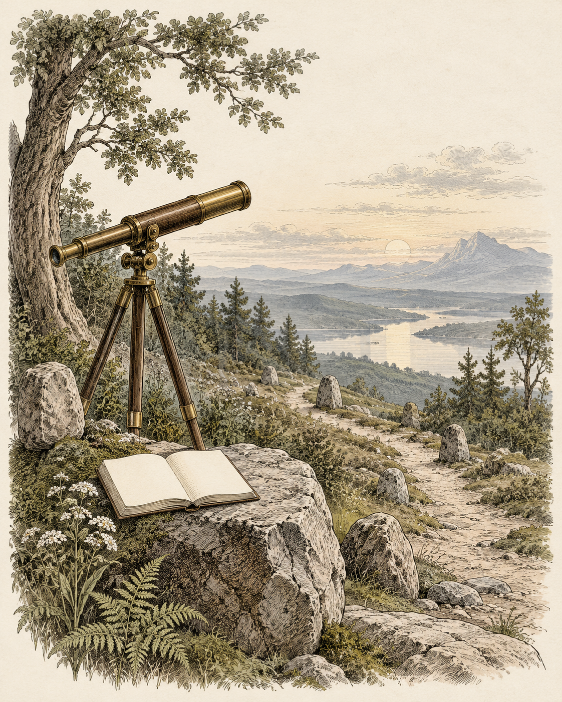 Vintage telescope and periodic rest stops illustrating occasional review without constant tracking.
