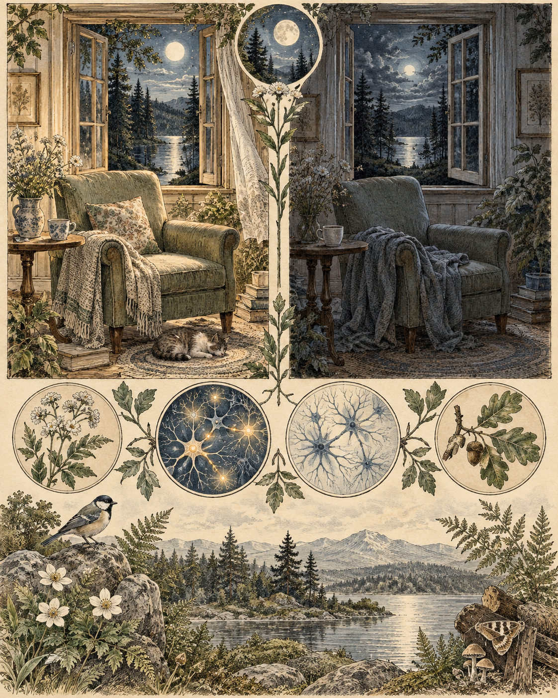 Vintage illustration of the same quiet room in contrasting light, with sensory nerve studies.