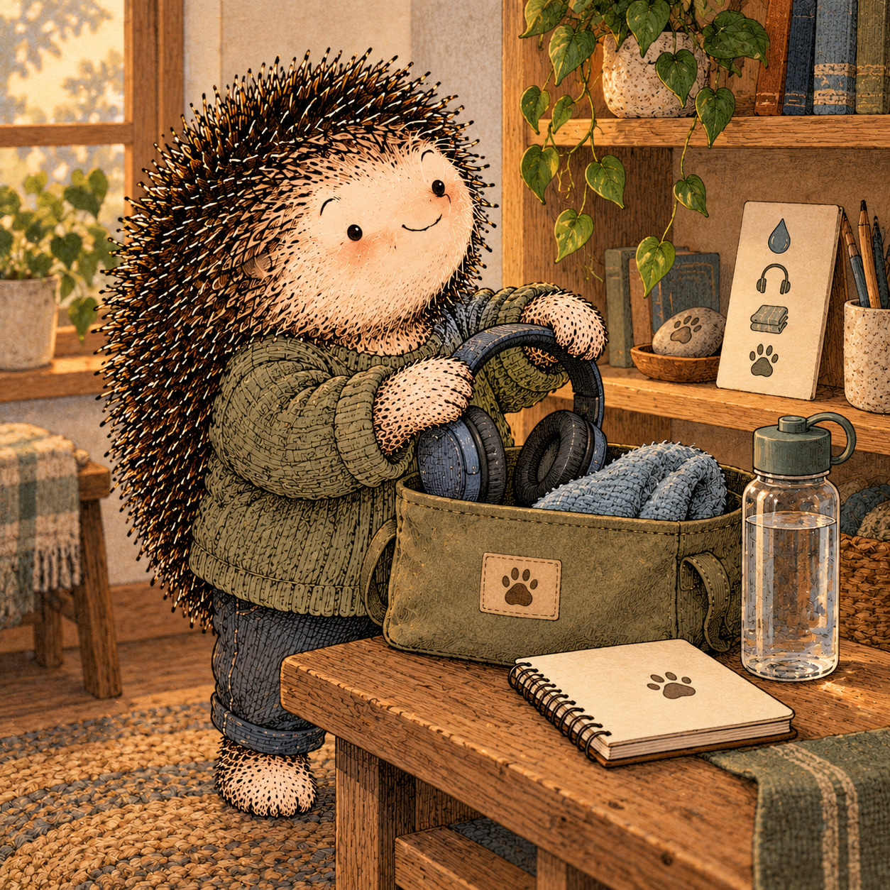 A gentle cream-faced, spiky-furred woodland companion exploring Day 146: Build Your Emotional First-Aid Kit