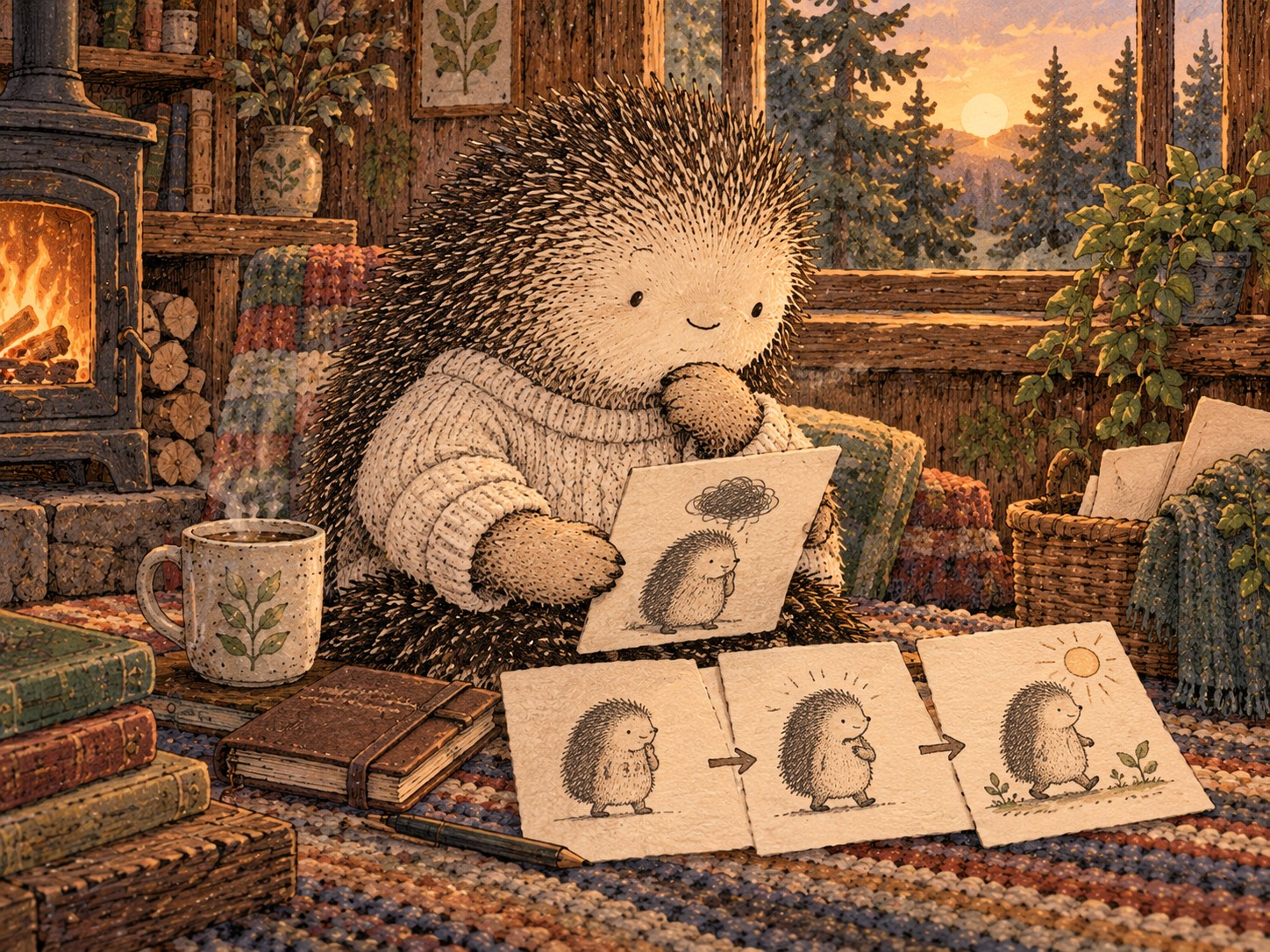 Day 61: The Pattern Becomes Something You Learned — Which Means It Can Keep Learning. Woodland hedgehog illustration.